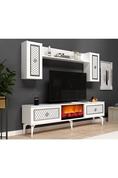 DEMONTE DECOR Herry Tv Ünitesi Şömineli Takım Beyaz Gümüş - 2