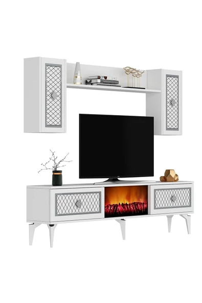 DEMONTE DECOR Herry Tv Ünitesi Şömineli Takım Beyaz Gümüş - 4