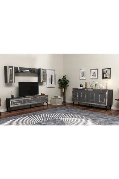 DEMONTE DECOR Karya 180 Cm Tv Ünitesi Ve Konsol 2'li Salon Takımı Antrasit-gümüş
