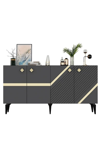 DEMONTE DECOR İRİS KONSOL 4 KAPAKLI RAFLI ANTRASİT-ALTIN - 6