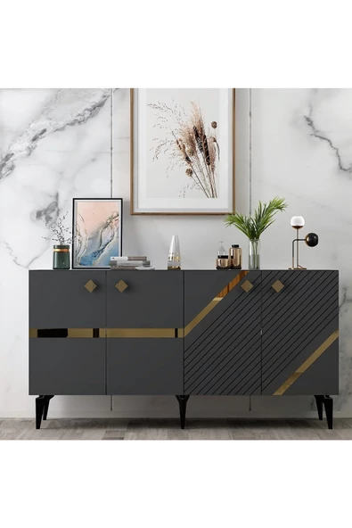 DEMONTE DECOR İRİS KONSOL 4 KAPAKLI RAFLI ANTRASİT-ALTIN - 2