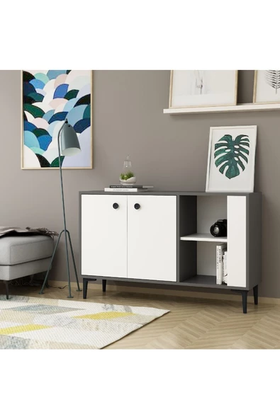 DEMONTE DECOR 2 Kapaklı Sahra Konsol, Çok Amaçlı Dolap, Ayakkabılık Antrasit-beyaz