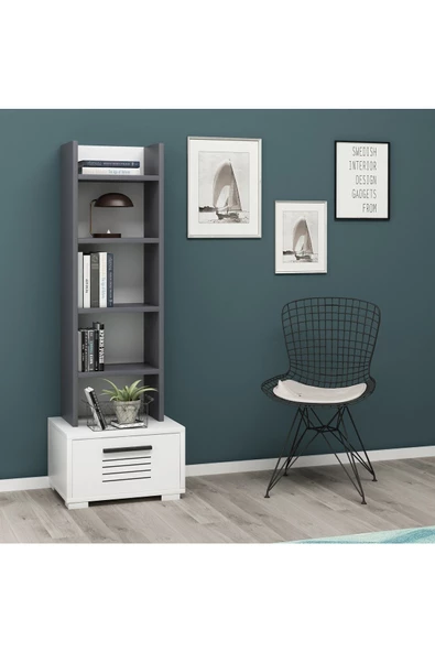 DEMONTE DECOR 5 Raflı, Çekmeceli Asimo R Kitaplık Antrasit Beyaz