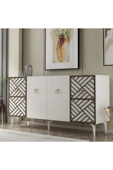 DEMONTE DECOR VESTA KONSOL 4 KAPAKLI BEYAZ (CEVİZ DESEN)