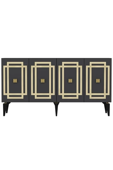 DEMONTE DECOR Lotus Konsol 4 Kapaklı Raflı Antrasit Altın - 4
