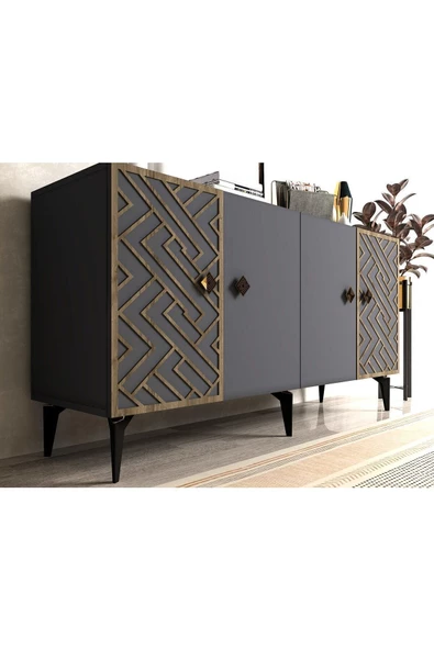 DEMONTE DECOR FROW KONSOL 4 KAPAKLI ANTRASİT (CEVİZ DESEN)