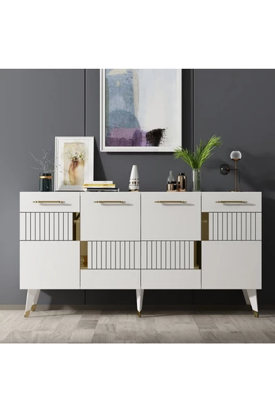 DEMONTE DECOR 4 Kapaklı Moda Konsol Beyaz-altın