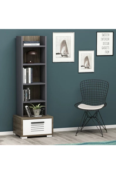 DEMONTE DECOR 5 Raflı, Çekmeceli Asimo R Kitaplık Ceviz-antrasit-beyaz