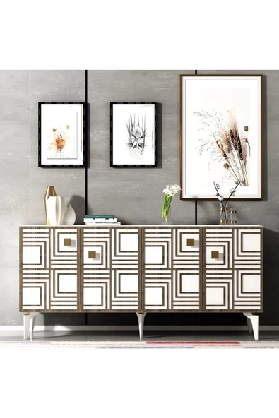 DEMONTE DECOR PİNNE 4 KAPAKLI RAFLI KONSOL BEYAZ-CEVİZ DESEN