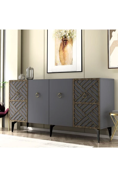 DEMONTE DECOR VESTA KONSOL 4 KAPAKLI  ANTRASİT (CEVİZ DESEN) - 1