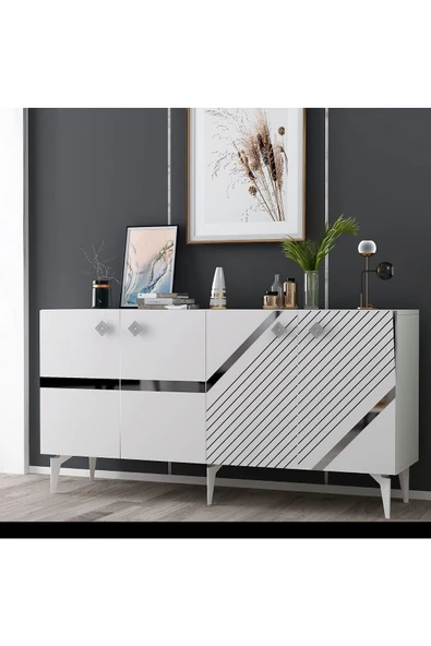 DEMONTE DECOR İRİS KONSOL 4 KAPAKLI RAFLI BEYAZ-GÜMÜŞ