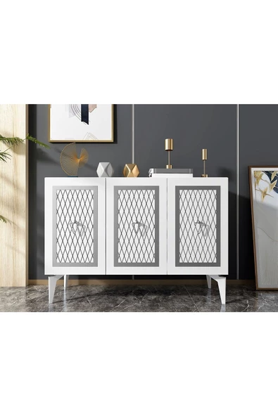 DEMONTE DECOR 3 Kapaklı Katya Konsol Beyaz-gümüş