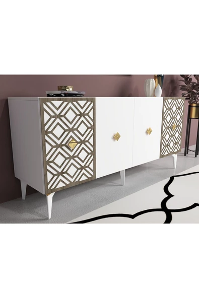 DEMONTE DECOR ALİZA KONSOL 4 KAPAKLI LAZER KESİMLİ BEYAZ (CEVİZ DESEN)