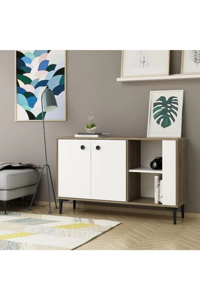 DEMONTE DECOR 2 Kapaklı, 2 Raflı Sahra Konsol, Çok Amaçlı Dolap, Ayakkabılık Ceviz-beyaz