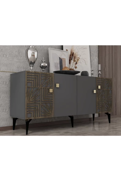 DEMONTE DECOR MİDİA KONSOL 4 KAPAKLI , LAZER KESİMLİ ANTRASİT (CEVİZ DESEN)