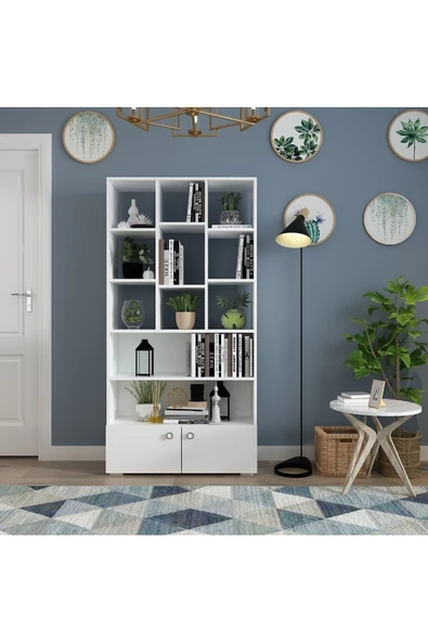DEMONTE DECOR 2 Kapaklı, 11 Raflı Penguen Kitaplık Beyaz