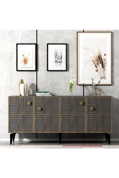 DEMONTE DECOR PİNNE 4 KAPAKLI RAFLI KONSOL ANTRASİT - CEVİZ DESEN