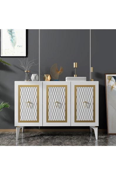 DEMONTE DECOR 3 Kapaklı Katya Konsol Beyaz-altın