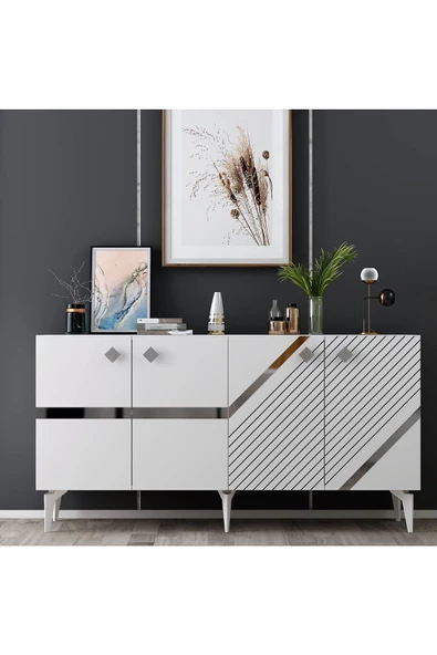 DEMONTE DECOR İRİS KONSOL 4 KAPAKLI RAFLI BEYAZ-GÜMÜŞ - 2