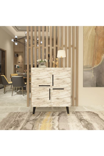 DEMONTE DECOR Mikkra Konsol , Çok Amaçlı Dolap , 4 Kapaklı Efesmermer