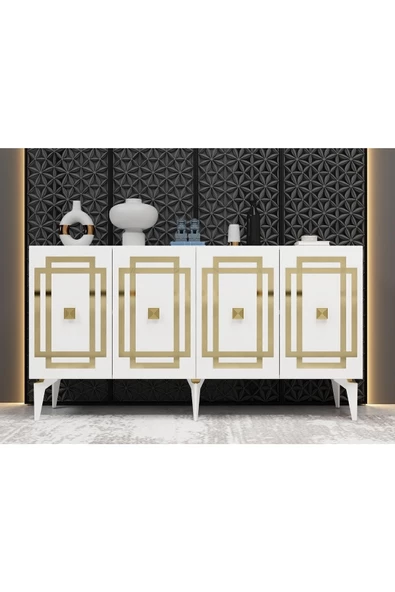 DEMONTE DECOR LOTUS KONSOL 4 KAPAKLI RAFLI KONSOL BEYAZ ALTIN