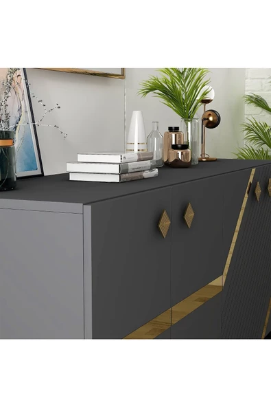 DEMONTE DECOR İRİS KONSOL 4 KAPAKLI RAFLI ANTRASİT-ALTIN - 3