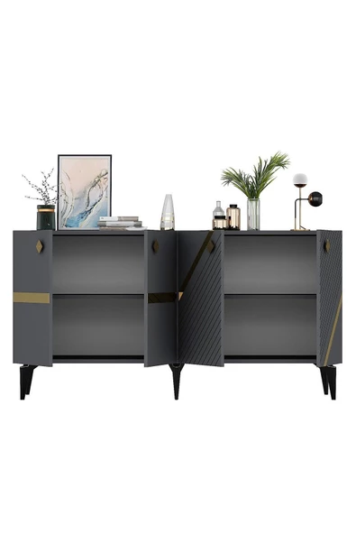 DEMONTE DECOR İRİS KONSOL 4 KAPAKLI RAFLI ANTRASİT-ALTIN - 7