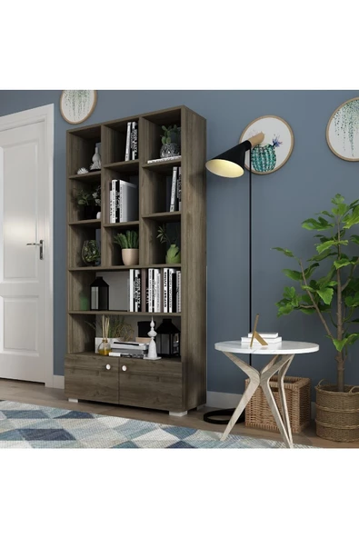 DEMONTE DECOR 2 Kapaklı, 11 Raflı Penguen Kitaplık Ceviz