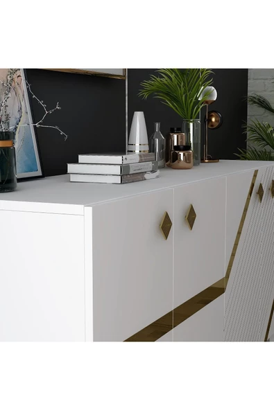 DEMONTE DECOR İRİS KONSOL 4 KAPAKLI RAFLI BEYAZ-ALTIN - 3