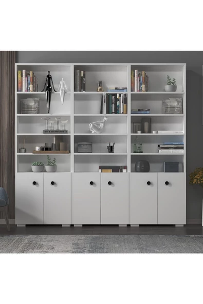 DEMONTE DECOR REMY KAPAKLI,RAFLI KİTAPLIK (3'LÜ MODÜL) BEYAZ-BEYAZ