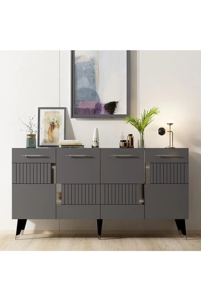 DEMONTE DECOR 4 Kapaklı Moda Konsol Antrasit-gümüş