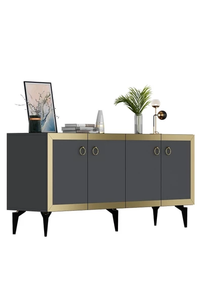 DEMONTE DECOR PONNY KONSOL 4 KAPAKLI RAFLI ANTRASİT-ALTIN - 6