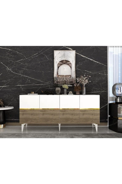 DEMONTE DECOR Tedyy Lazer Kesimli Pleksi Detaylı Konsol Beyaz-ceviz-altın