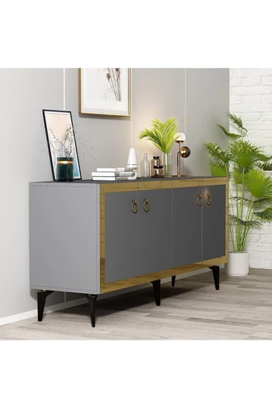 DEMONTE DECOR PONNY KONSOL 4 KAPAKLI RAFLI ANTRASİT-ALTIN - 2