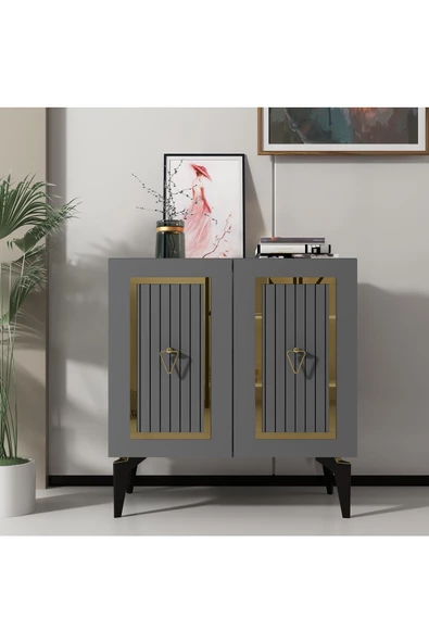 DEMONTE DECOR Caprii Pleksi Desenli Konsol , Çok Amaçlı Dolap , Banyo Dolabı Antrasit-altın