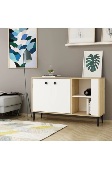 DEMONTE DECOR 2 Kapaklı, 2 Raflı Sahra Konsol, Çok Amaçlı Dolap, Ayakkabılık Safirmeşe-beyaz