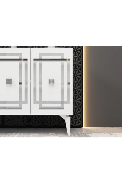 DEMONTE DECOR Lotus Konsol 4 Kapaklı Raflı Beyaz Gümüş - 3