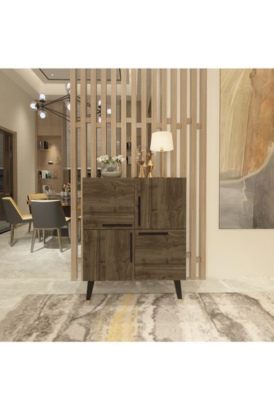 DEMONTE DECOR Mikkra Konsol , Çok Amaçlı Dolap , 4 Kapaklı Ceviz