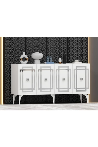 DEMONTE DECOR Lotus Konsol 4 Kapaklı Raflı Beyaz Gümüş - 2