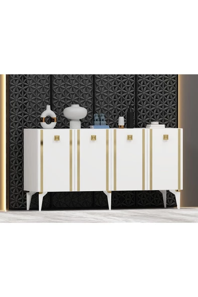 DEMONTE DECOR DORUK KONSOL 4 KAPAKLI RAFLI BEYAZ-ALTIN - 2