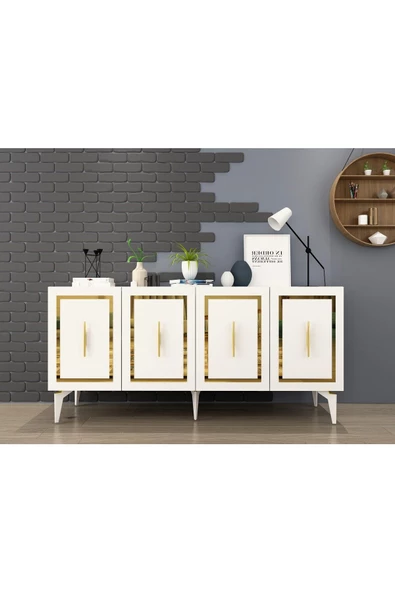 DEMONTE DECOR VANNESSA LAZER DESENLİ PLEKSİLİ KONSOL BEYAZ-ALTIN
