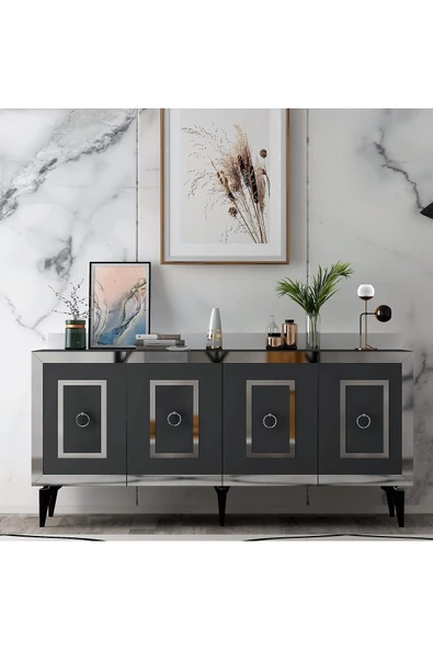 DEMONTE DECOR KARYA KONSOL 4 KAPAKLI RAFLI ANTRASİT-GÜMÜŞ - 1