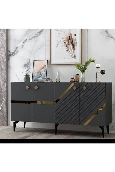 DEMONTE DECOR İRİS KONSOL 4 KAPAKLI RAFLI ANTRASİT-ALTIN - 1