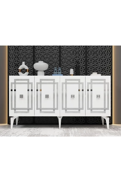DEMONTE DECOR Lotus Konsol 4 Kapaklı Raflı Beyaz Gümüş