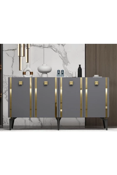 DEMONTE DECOR DORUK KONSOL 4 KAPAKLI RAFLI ANTRASİT-ALTIN