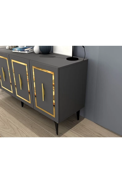 DEMONTE DECOR VANNESSA LAZER DESENLİ PLEKSİLİ KONSOL ANTRASİT-ALTIN - 5