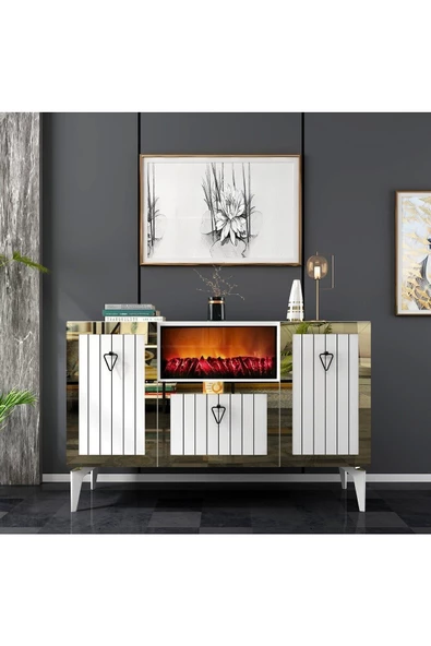 DEMONTE DECOR LİİNDA ŞÖMİNELİ KONSOL BEYAZ-ALTIN
