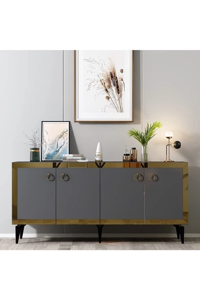 DEMONTE DECOR PONNY KONSOL 4 KAPAKLI RAFLI ANTRASİT-ALTIN
