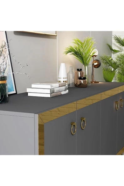 DEMONTE DECOR PONNY KONSOL 4 KAPAKLI RAFLI ANTRASİT-ALTIN - 3