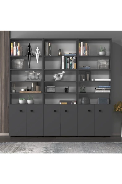 DEMONTE DECOR REMY KAPAKLI,RAFLI KİTAPLIK (3'LÜ MODÜL) ANTRASİT-ANTRASİT